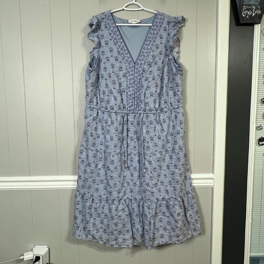 Lucky Brand 3X Blue Floral Midi Dress Tiered Cottagecore Ruffle Sleeve
